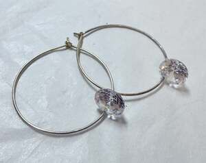 Customizable Silvertone Hoop Earrings 1.5" with Large Clear Crystal Solitaires
